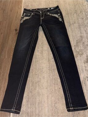 Miss Me Dark Blue Skinny Jeans with Contrast Stitching and Embellished Pockets